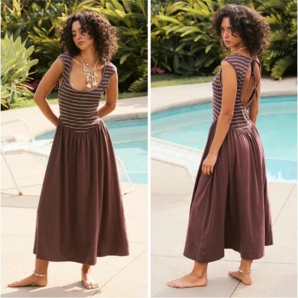 Free People Dresses & Skirts - Free People Alana Open Back Striped Midi Dress Size Large Women